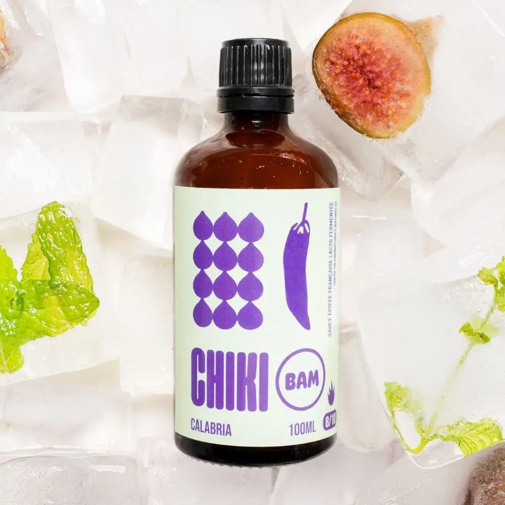Sauce piquante bio française Calabria Chiki Bam, recette lacto-fermentée fruitée, fraîche et intense