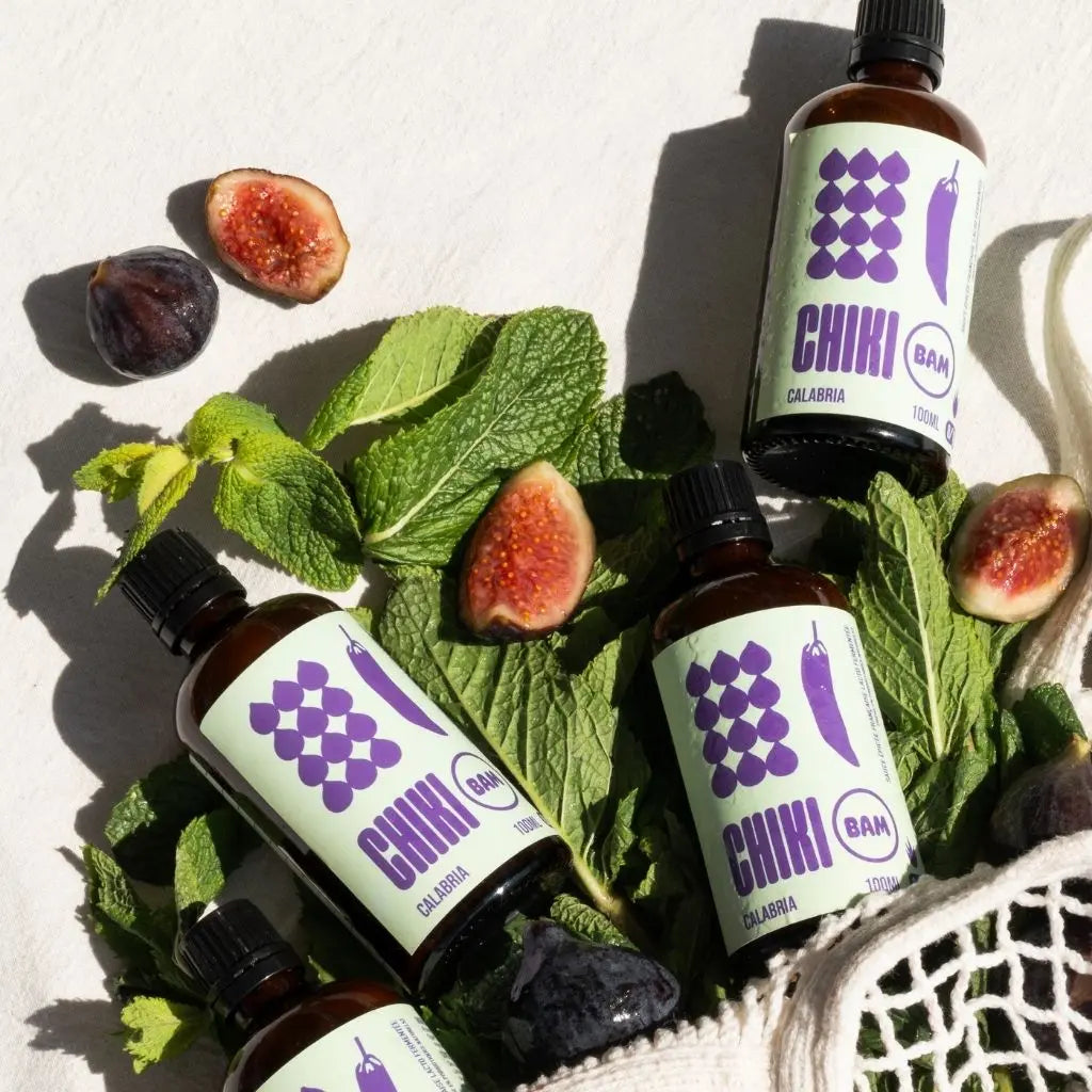 Sauce piquante lacto-fermentée Calabria Chiki Bam inspirée de la Calabre avec figue et menthe poivrée