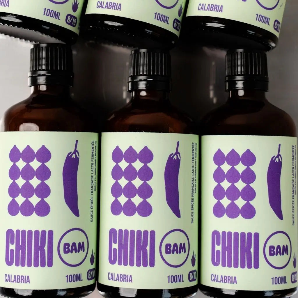 Calabria Chiki Bam, sauce piquante artisanale française intense au piment habanero rouge et piment fantôme